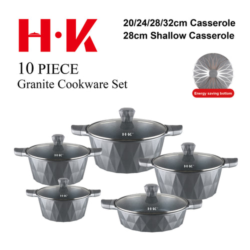 10-Piece Large Diamond Non-Stick Cookware Set with Bakelite Handles & G-Type Glass Lids