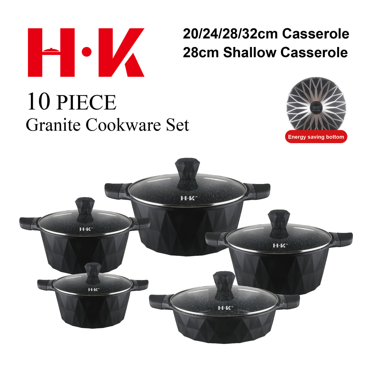 10-Piece Large Diamond Non-Stick Cookware Set with Bakelite Handles & G-Type Glass Lids