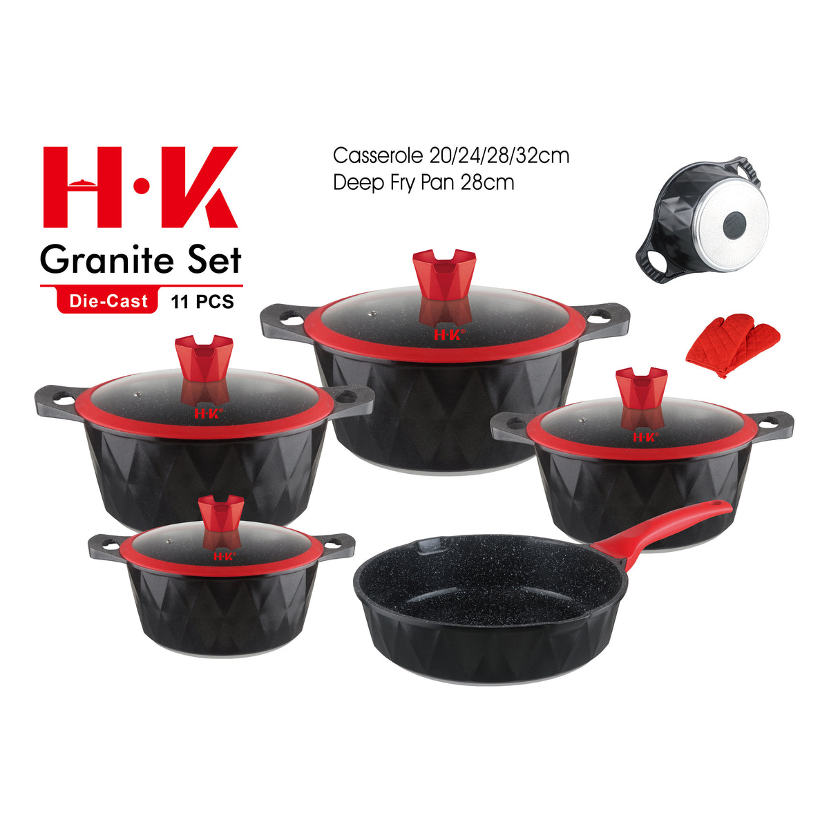 11-Piece Large Diamond Non-Stick Induction Cookware Set with Silicone-Rimmed Glass Lids