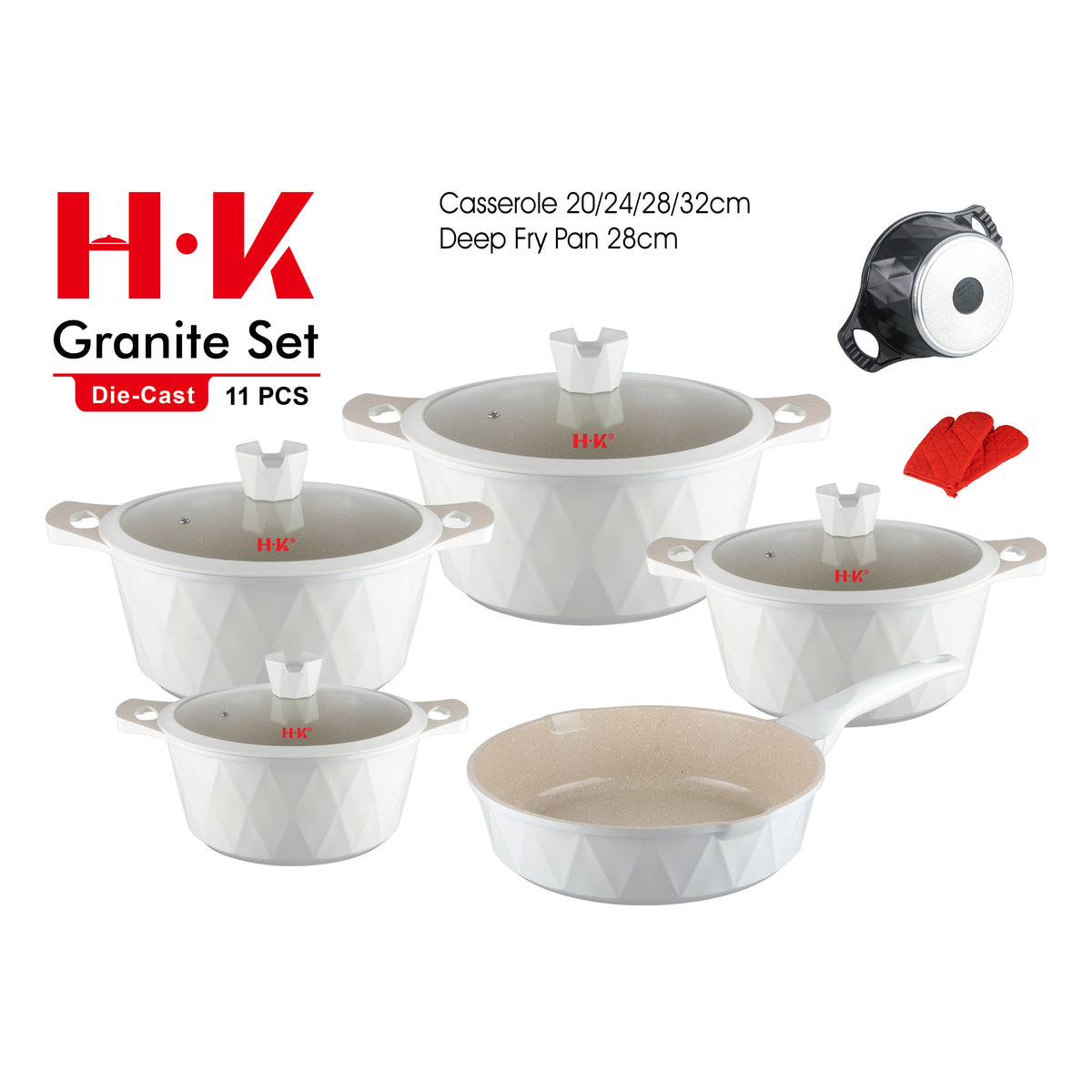 11-Piece Large Diamond Non-Stick Induction Cookware Set with Silicone-Rimmed Glass Lids
