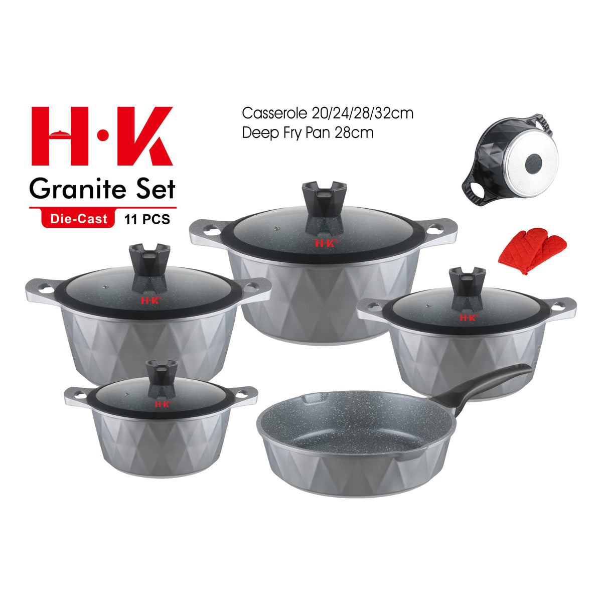 11-Piece Large Diamond Non-Stick Induction Cookware Set with Silicone-Rimmed Glass Lids
