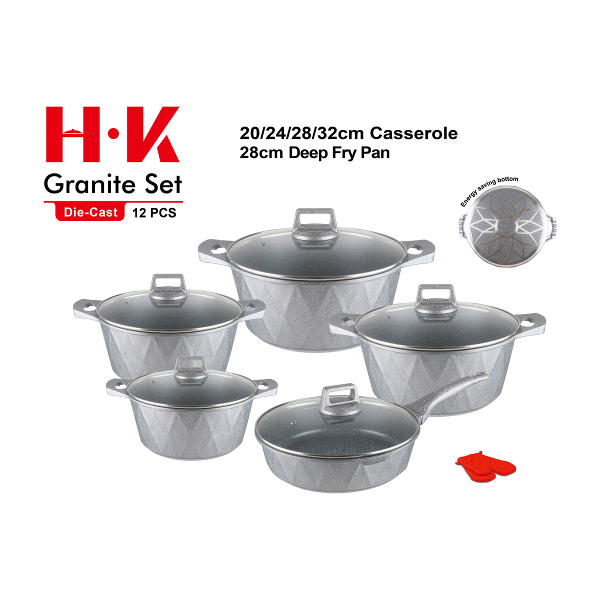 12-Piece Large Diamond Non-Stick Aluminum Cookware Set with G-Type Glass Lids