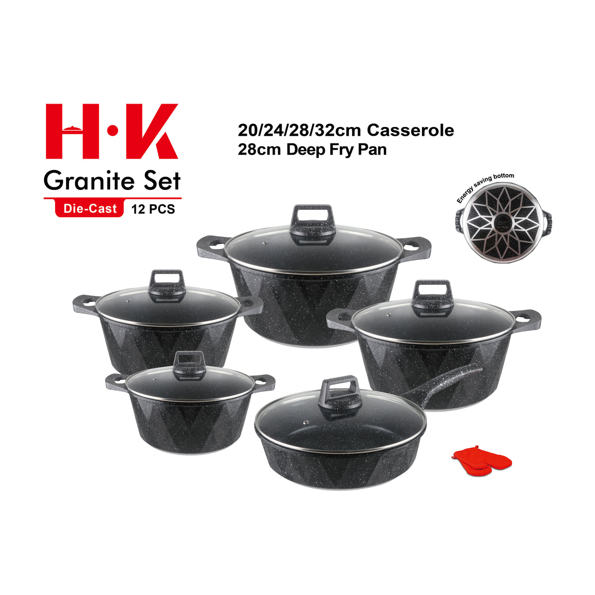 12-Piece Large Diamond Non-Stick Aluminum Cookware Set with G-Type Glass Lids