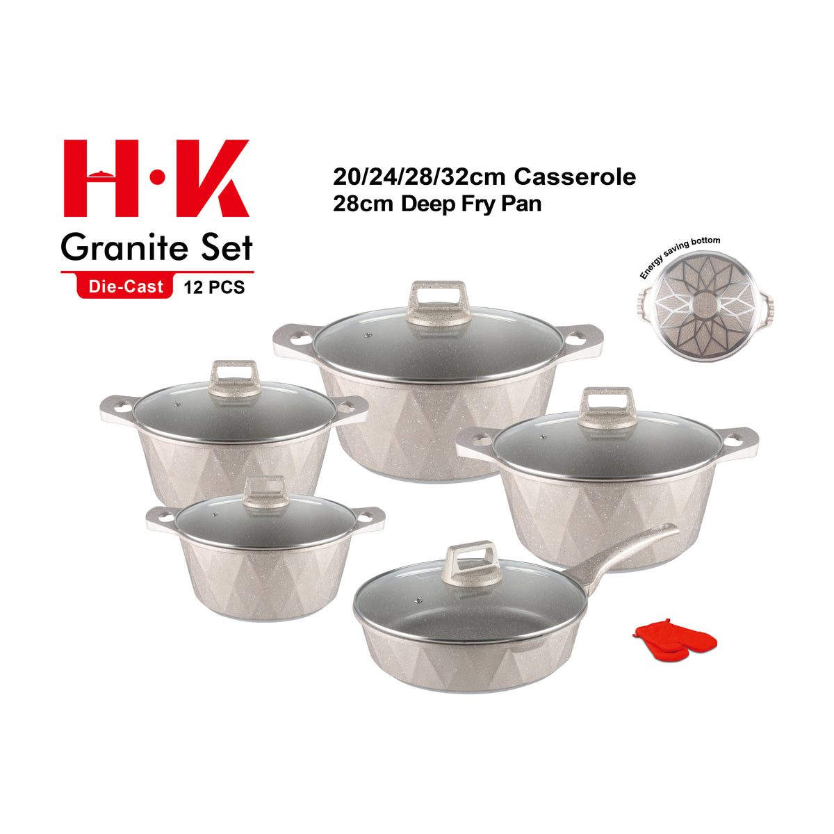 12-Piece Large Diamond Non-Stick Aluminum Cookware Set with G-Type Glass Lids